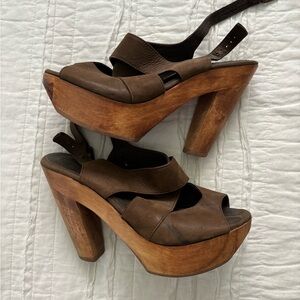 Five Worlds Wooden Heeled Platform Leather Sandals made in Mexico size 37